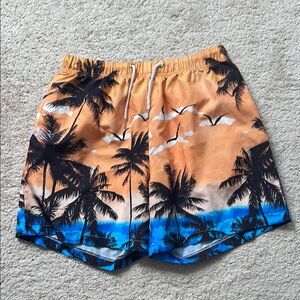 Orange and Blue Swim Trunks with Palm Tree Design